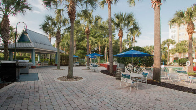 A hotel pool area with palm trees, a gazebo, barbecue grills, patio furniture, and umbrellas.