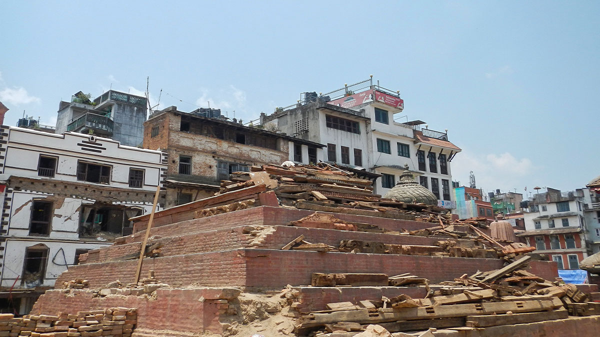 Buddhist temple damaged by earthquake at Durbar Square, Kathmandu. Buddhist temple damaged by earthquake at Durbar Square, rest of a window, Kathmandu