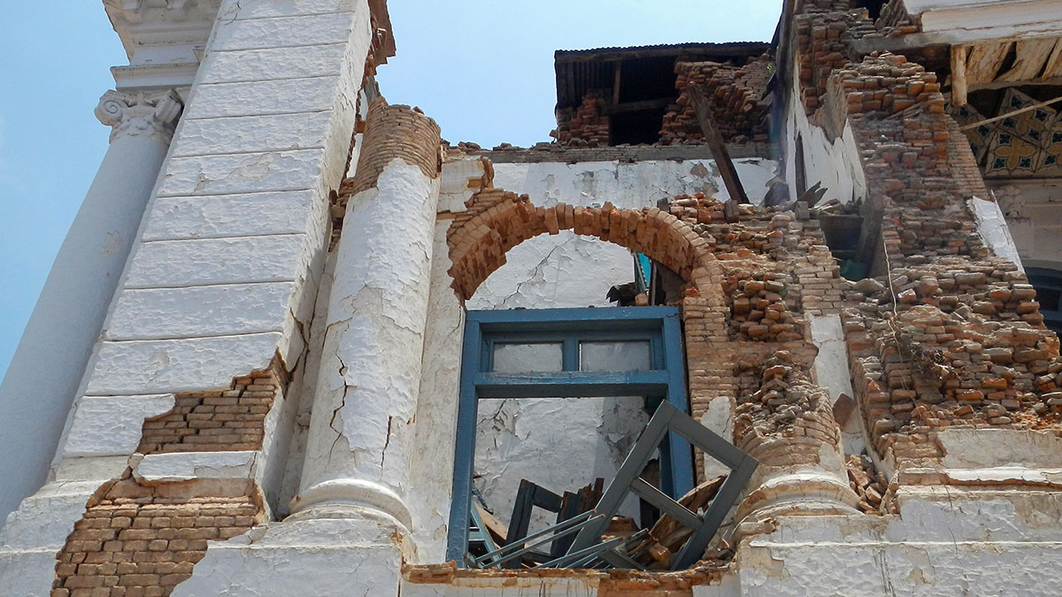 Royal palace damaged by earthquake at Durbar Square, Kathmandu. The royal palace damaged by earthquake at Durbar Square, rest of a window, Kathmandu