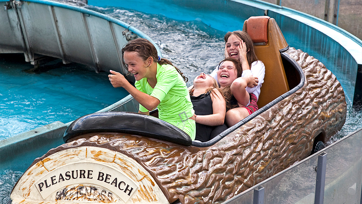 Kids enjoying the Log Flume at Pleasure Beach in Skegness