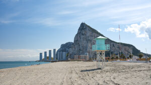 View from the beach outside of Gibraltar of the rock