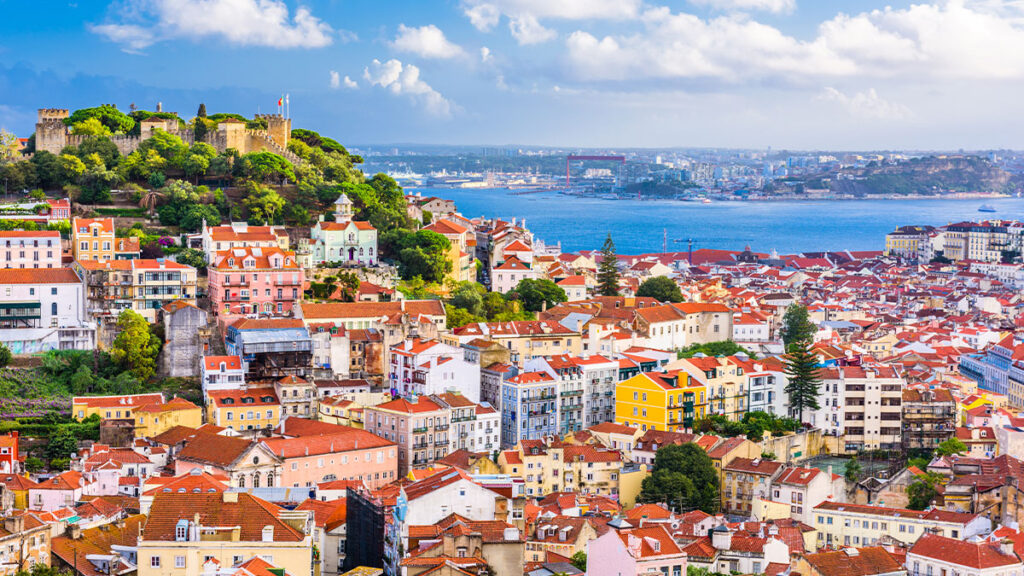 Lisbon, Portugal City Skyline with Sao Jorge Castle.