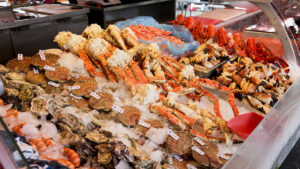 Fish market Bergen. Various seafood on the shelves of the fish market in Norway, Bergen