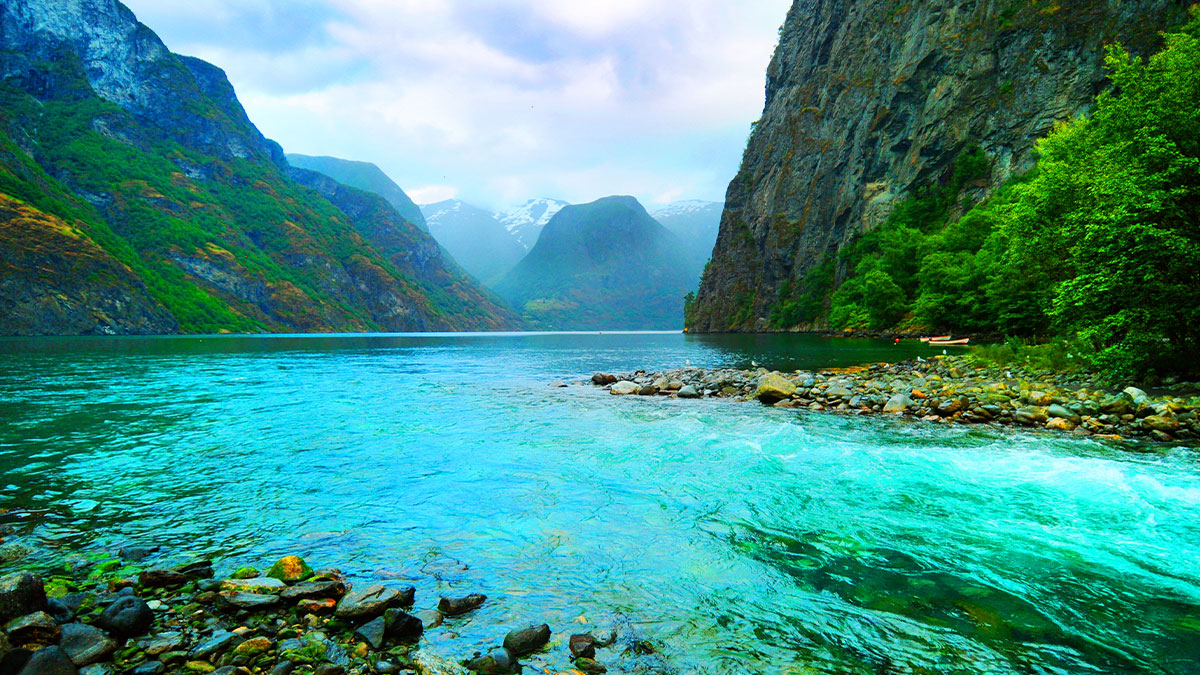 Fjord and river, Norway. Scenic view of Sognefjord, Norway. A river flowing in a fjord.