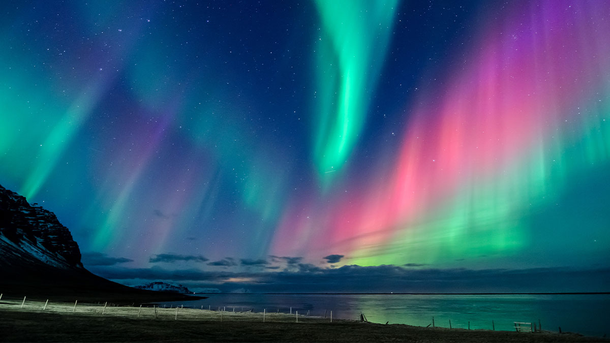 Colorful northern lights spiral in a Iceland beach. Colorful Northern lights with green, red, purple and blue stripes over a beach in Iceland