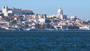 Beautiful cityscape panorama of Lisbon seen from Tejo river. Cityscape of Lisbon seen from Tagus river