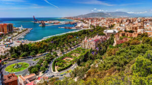 Aerial view of Malaga taken from Gibralfaro castle including port of Malaga, Alcazaba castle and the Cathedral, Andalucia, Spain.