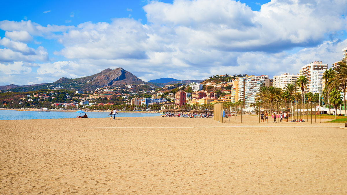 Main city beach in Malaga city, Spain. Main city beach in Malaga. Malaga is a city in the Andalusia community in Spain