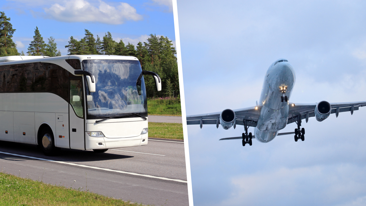 image split down the middle with a coach on the left, and a plane on the right