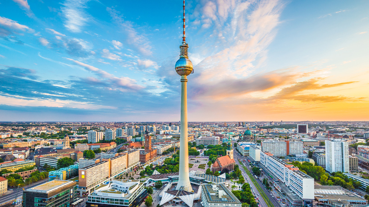 Berlin skyline panorama with TV tower at sunrise