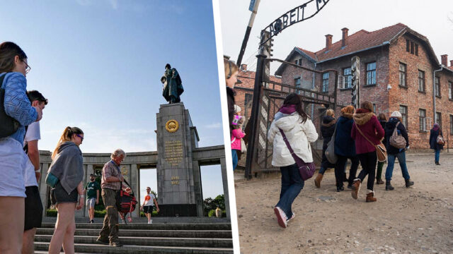 picture of Berlin (left) and Krakow (right) split down the middle