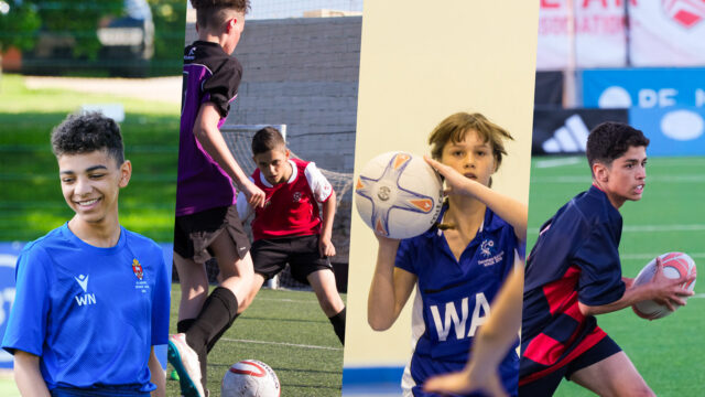 A collage of students enjoying sports like football, netball and rugby in european destinations
