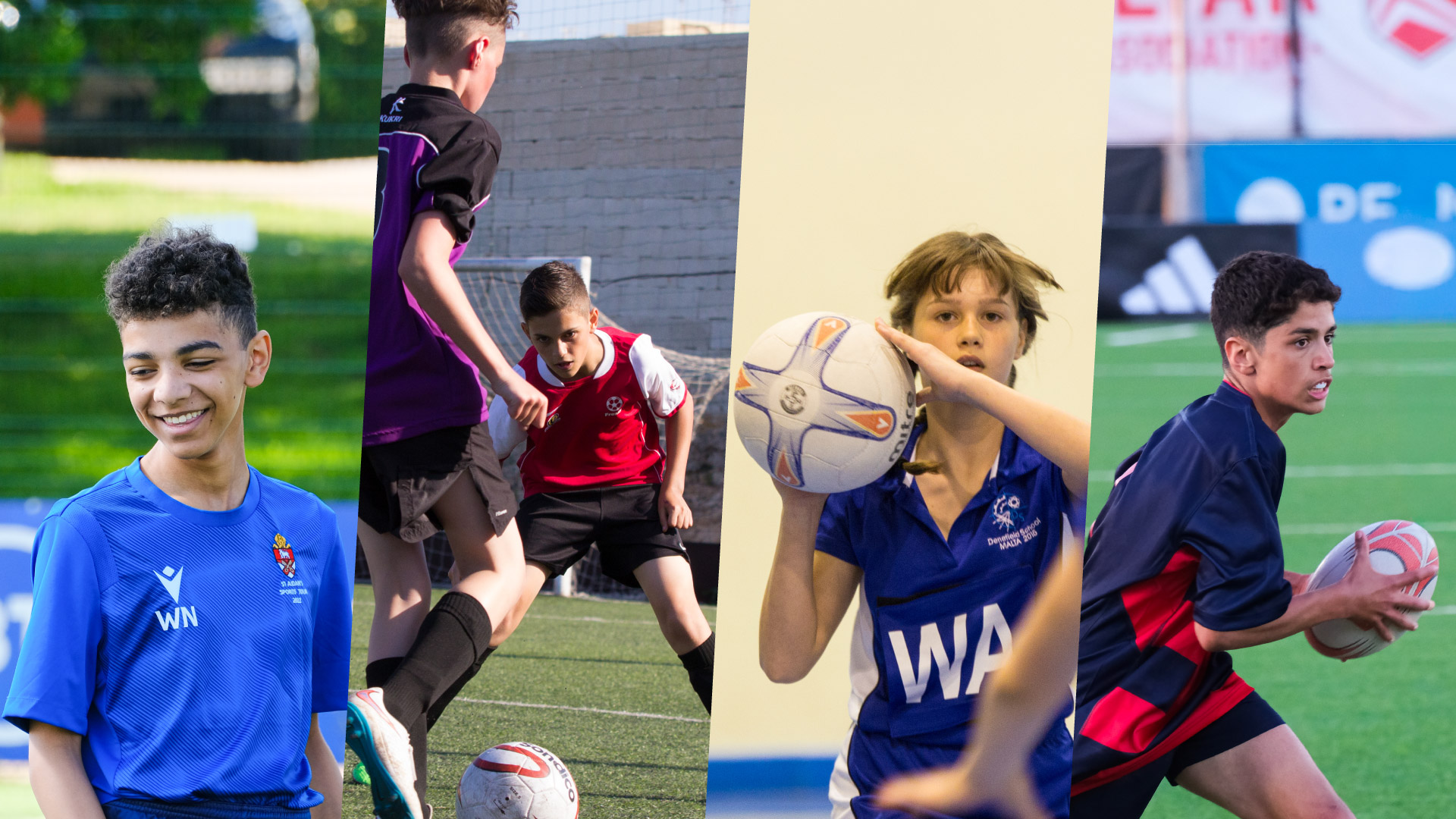 A collage of students enjoying sports like football, netball and rugby in european destinations