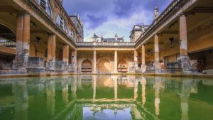 Roman Bath, England. The Roman Baths complex is a site of historical interest in the English city of Bath. The house is a well-preserved Roman site for public bathing.
