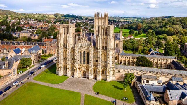 View of Wells Cathedral is in Wells, Somerset, England, UK