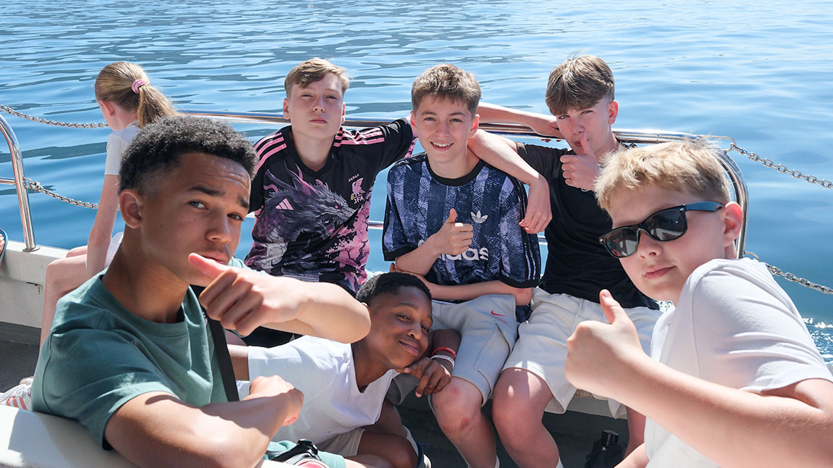School group on a dolphin cruise in Gibraltar 