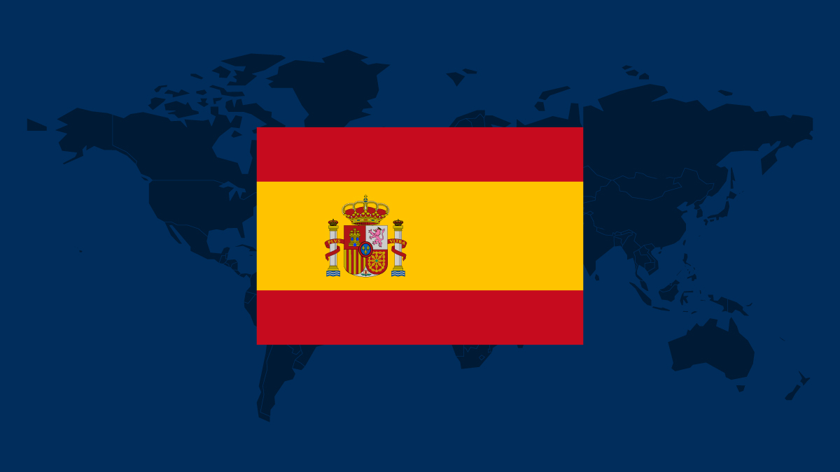 graphic showing world map on blue background with Spain flag overlayed